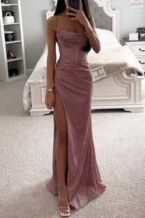 Sequin Maxi Dress with Cowl Neck and Corset Detail