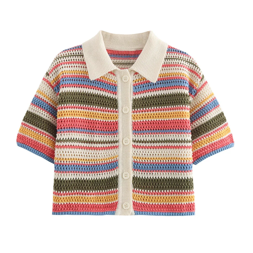 Knitted Striped Collared Cardigan &amp; Shorts Set