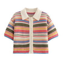 Knitted Striped Collared Cardigan &amp; Shorts Set