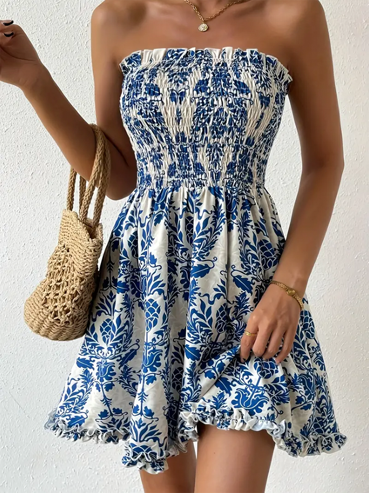 Shirred Strapless Mini Dress
