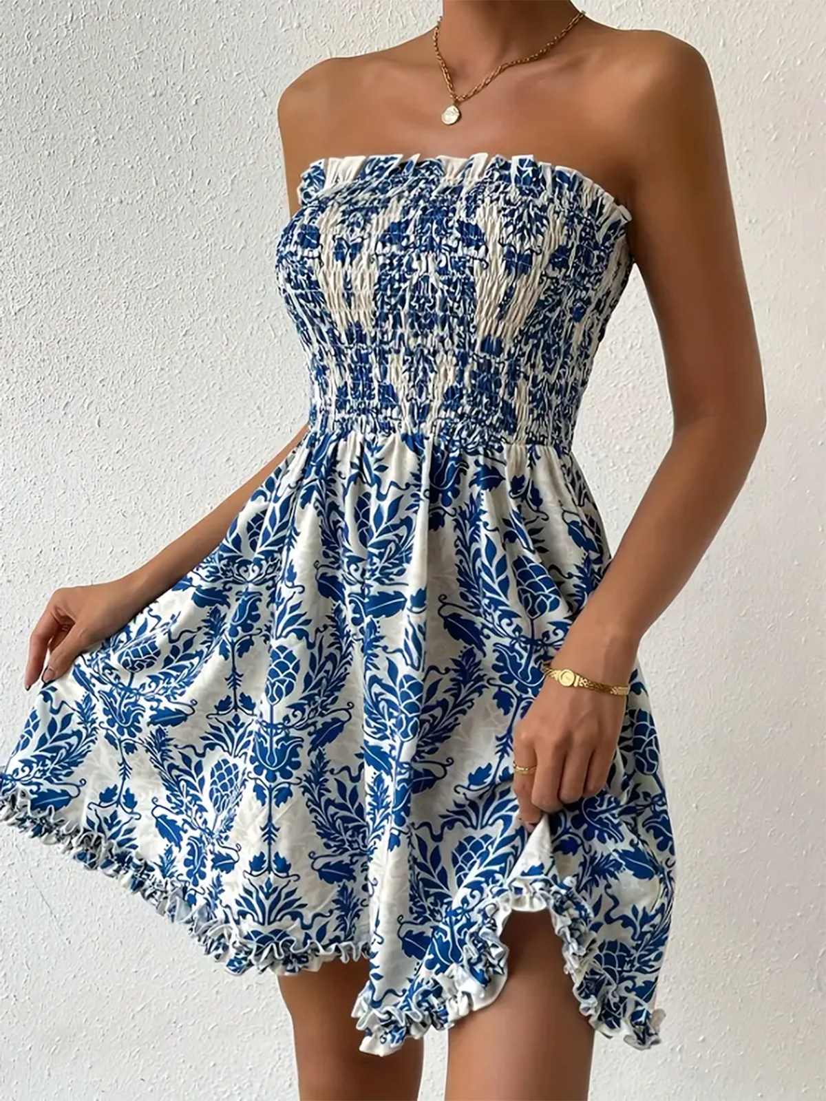 Shirred Strapless Mini Dress