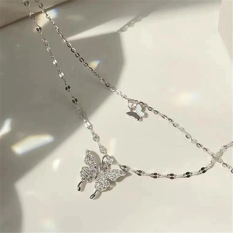 Silver Butterfly Pendant Multi-Layered Necklace Set