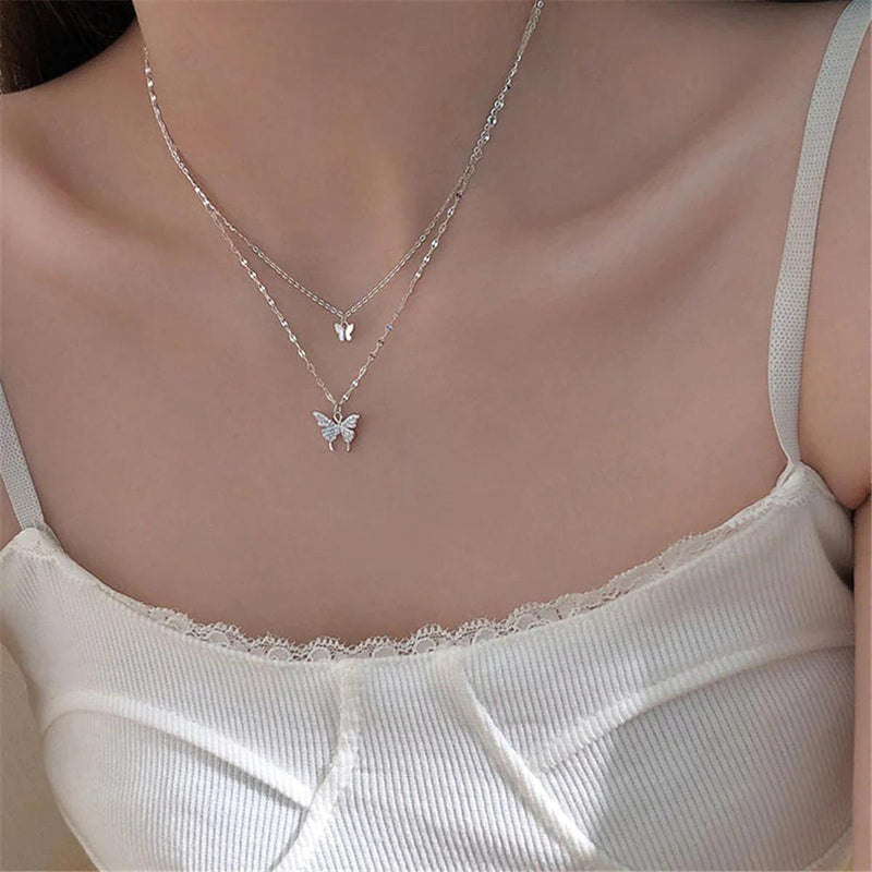 Silver Butterfly Pendant Multi-Layered Necklace Set