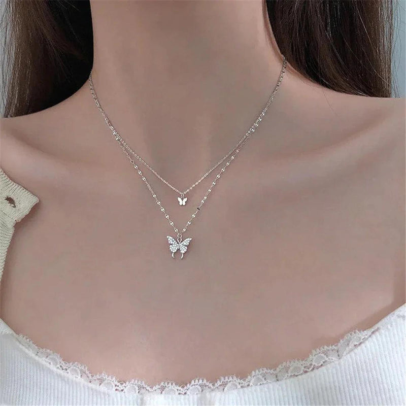 Silver Butterfly Pendant Multi-Layered Necklace Set