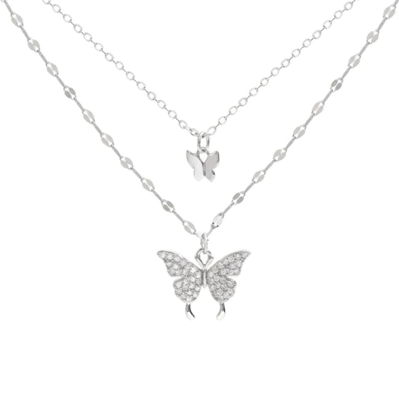Silver Butterfly Pendant Multi-Layered Necklace Set