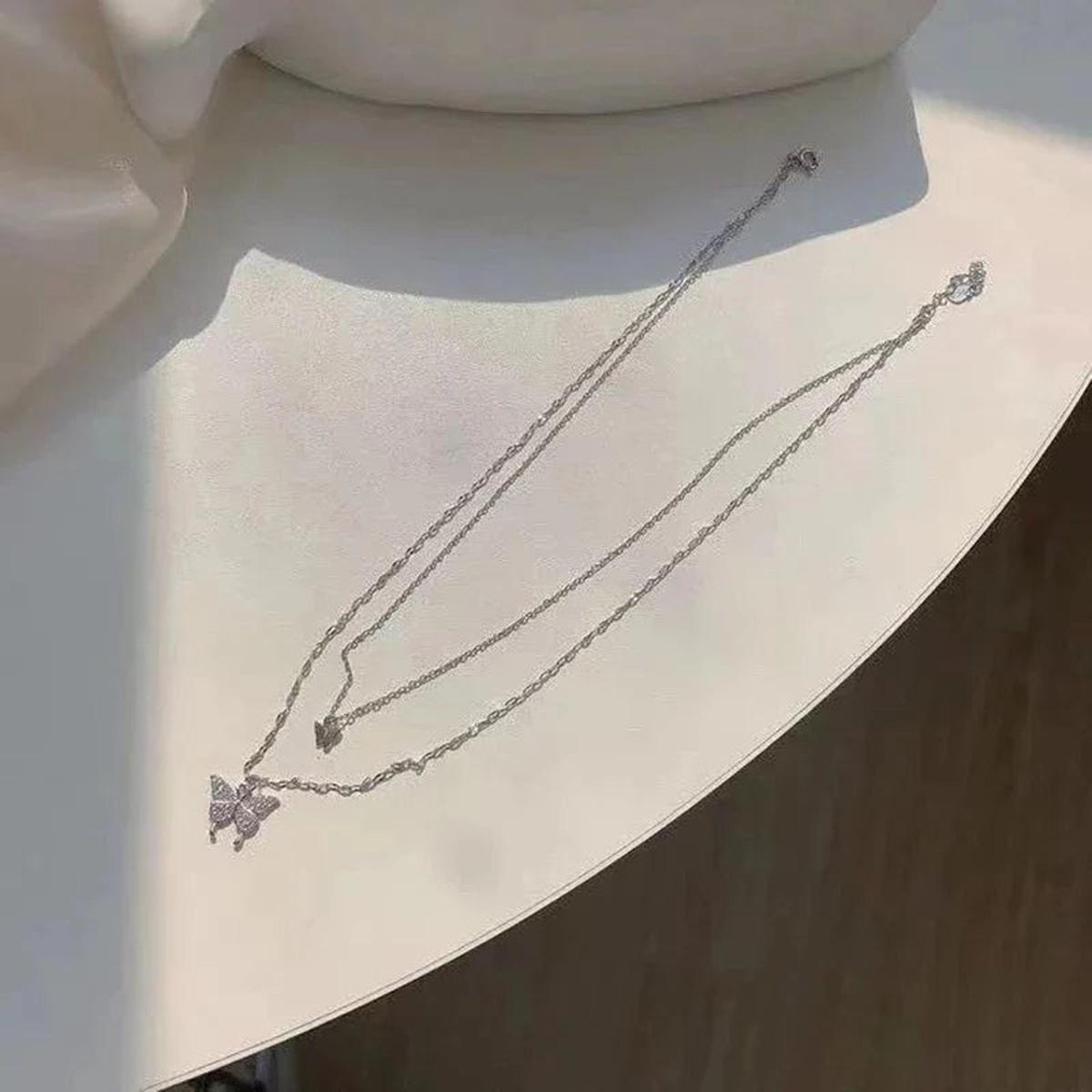 Silver Butterfly Pendant Multi-Layered Necklace Set