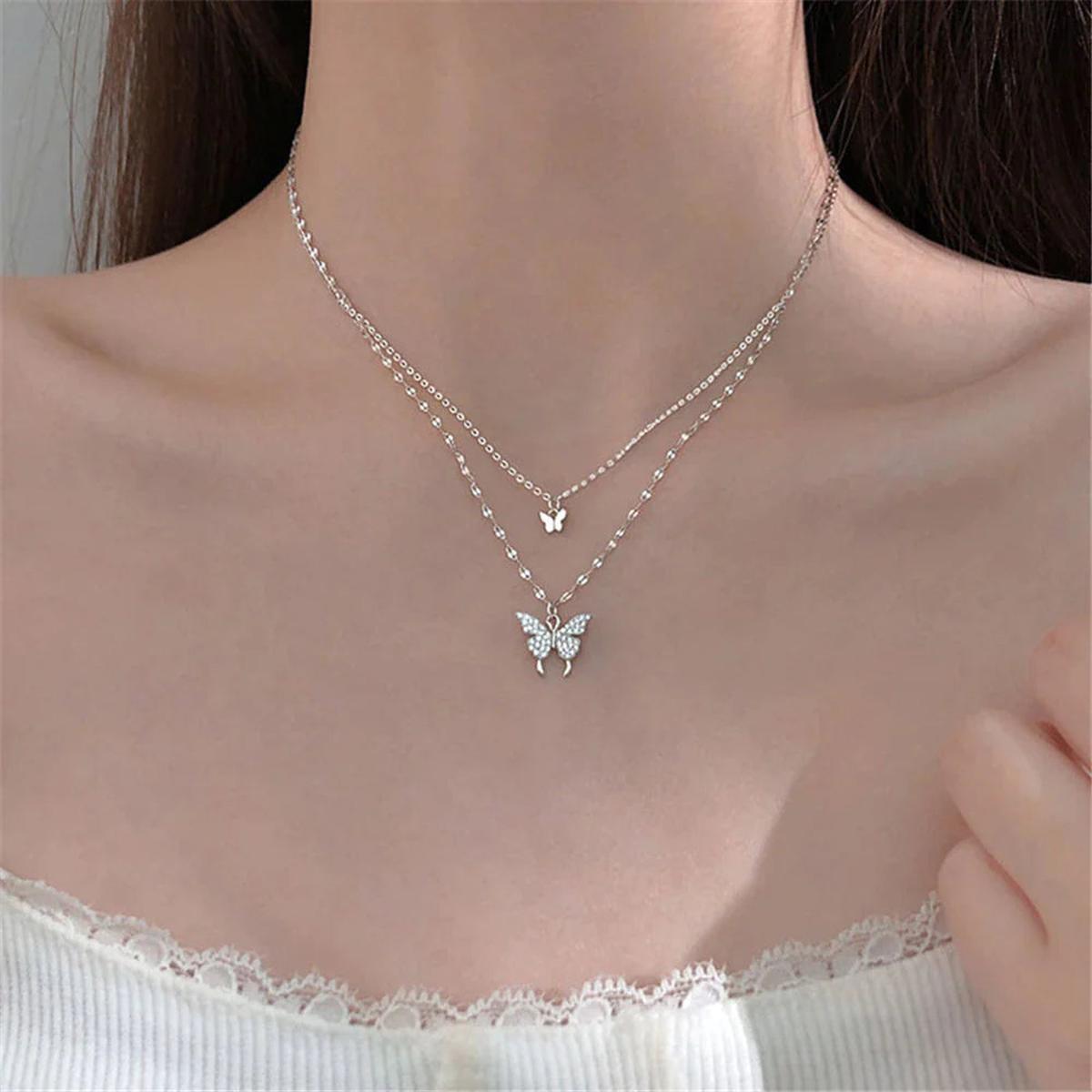 Silver Butterfly Pendant Multi-Layered Necklace Set