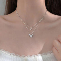 Silver Butterfly Pendant Multi-Layered Necklace Set