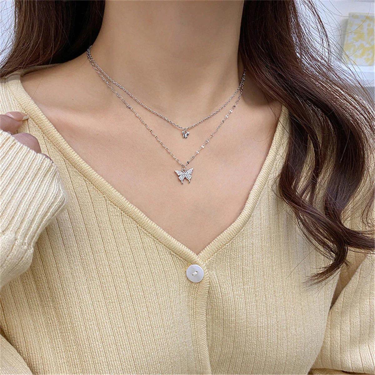 Silver Butterfly Pendant Multi-Layered Necklace Set