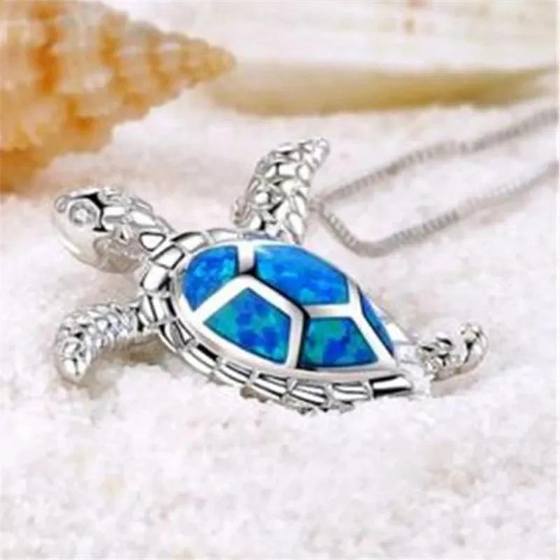 Silver Opal Turtle Pendant Necklace 19.69 Inches