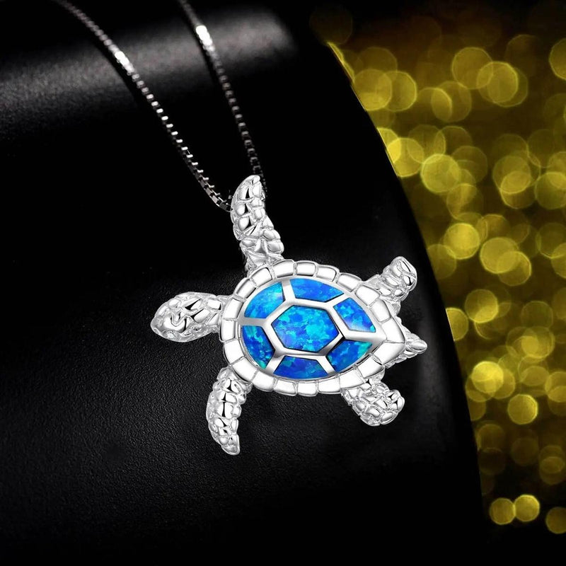 Silver Opal Turtle Pendant Necklace 19.69 Inches