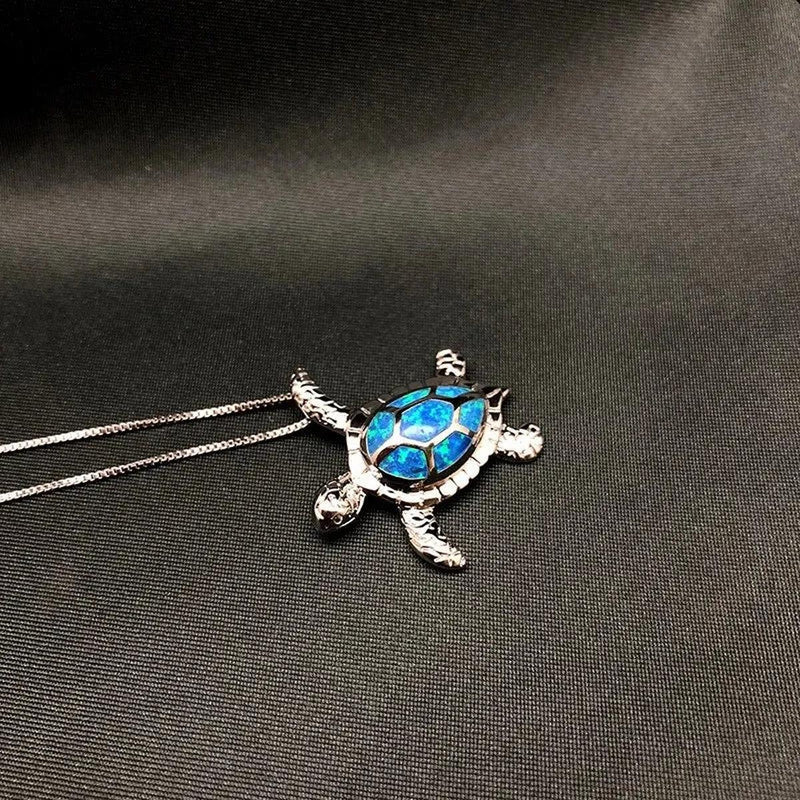 Silver Opal Turtle Pendant Necklace 19.69 Inches