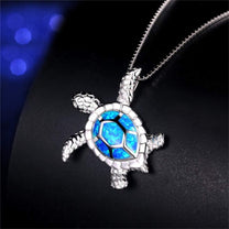 Silver Opal Turtle Pendant Necklace 19.69 Inches
