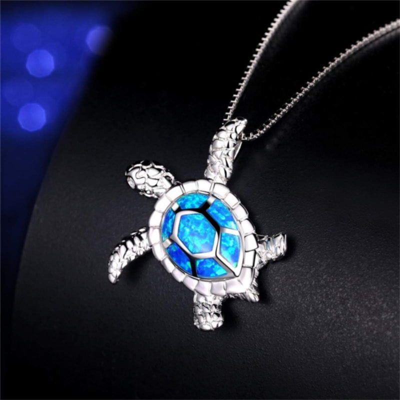 Silver Opal Turtle Pendant Necklace 19.69 Inches
