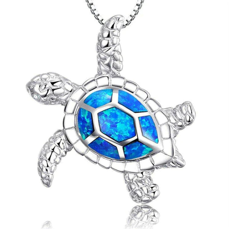 Silver Opal Turtle Pendant Necklace 19.69 Inches