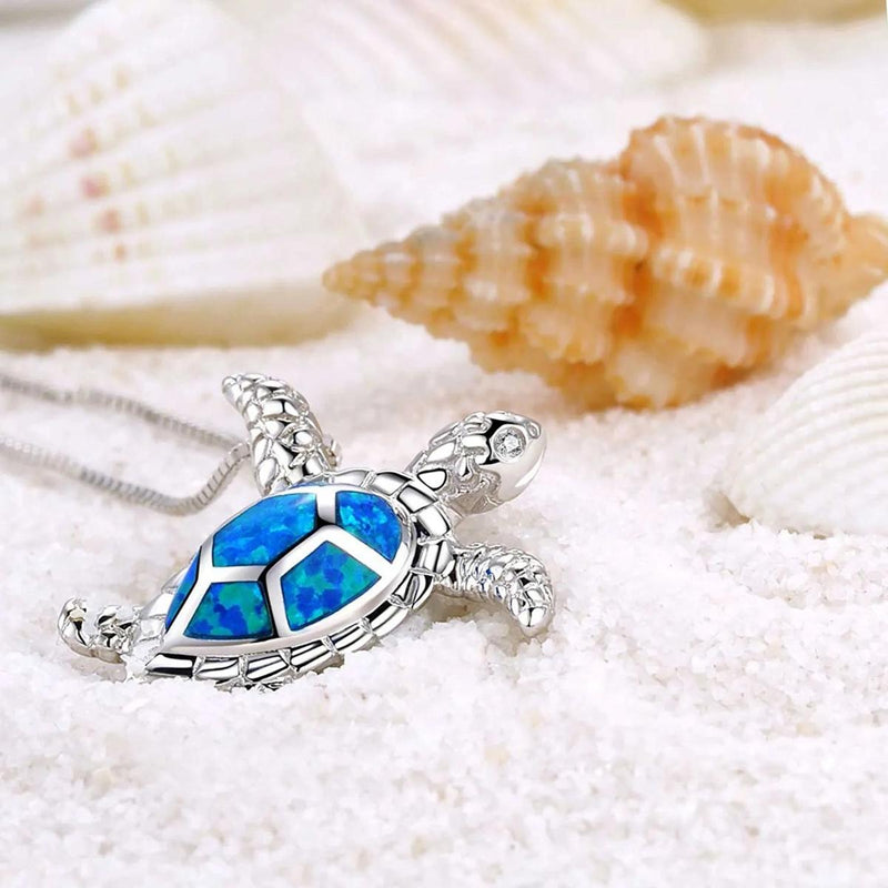 Silver Opal Turtle Pendant Necklace 19.69 Inches