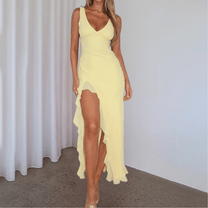 Sleeveless Deep V-Neck High-Low Evening Dress