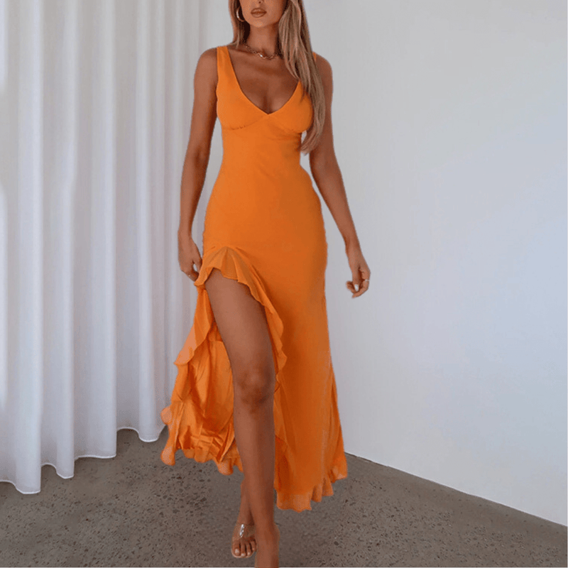 Sleeveless Deep V-Neck High-Low Evening Dress
