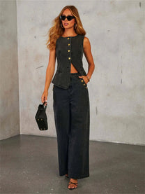 Sleeveless Denim Top &amp; Bell-Bottom Jeans Set