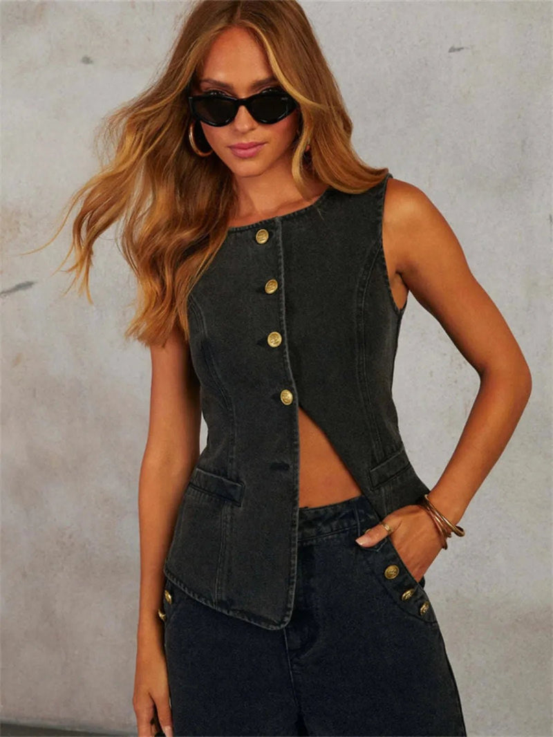 Sleeveless Denim Top &amp; Bell-Bottom Jeans Set
