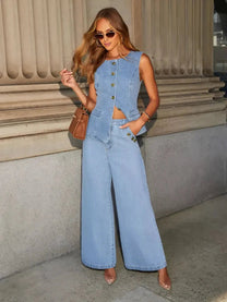 Sleeveless Denim Top &amp; Bell-Bottom Jeans Set