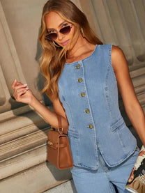 Sleeveless Denim Top &amp; Bell-Bottom Jeans Set