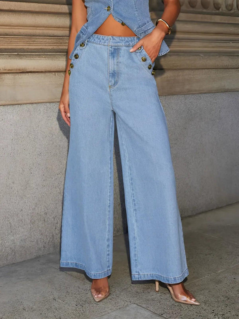 Sleeveless Denim Top &amp; Bell-Bottom Jeans Set