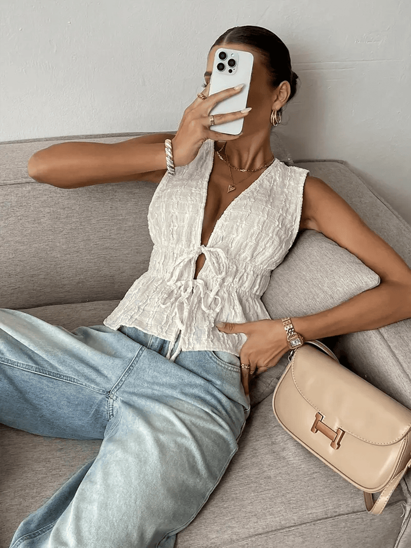 Sleeveless Textured V-Neck Top