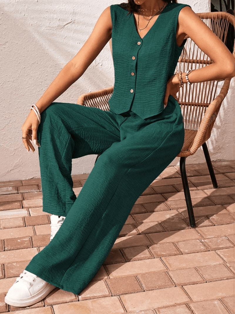 Sleeveless V-Neck Buttoned Two-Piece Set