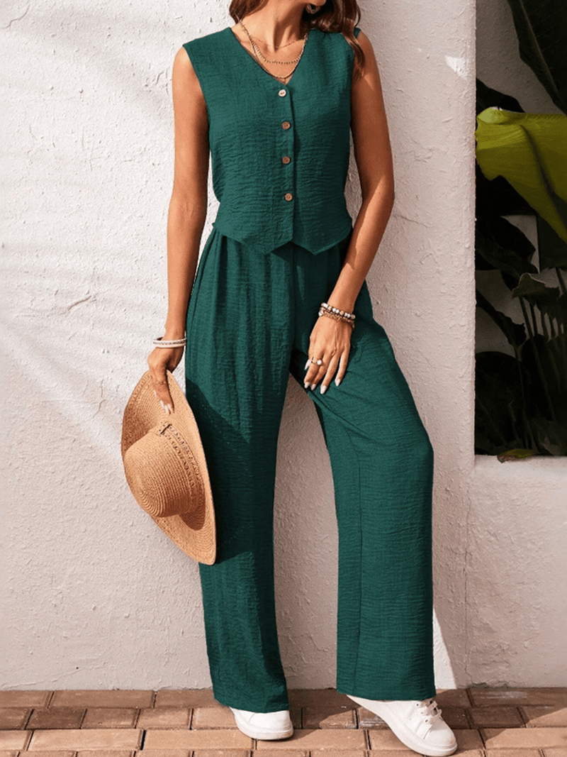 Sleeveless V-Neck Buttoned Two-Piece Set