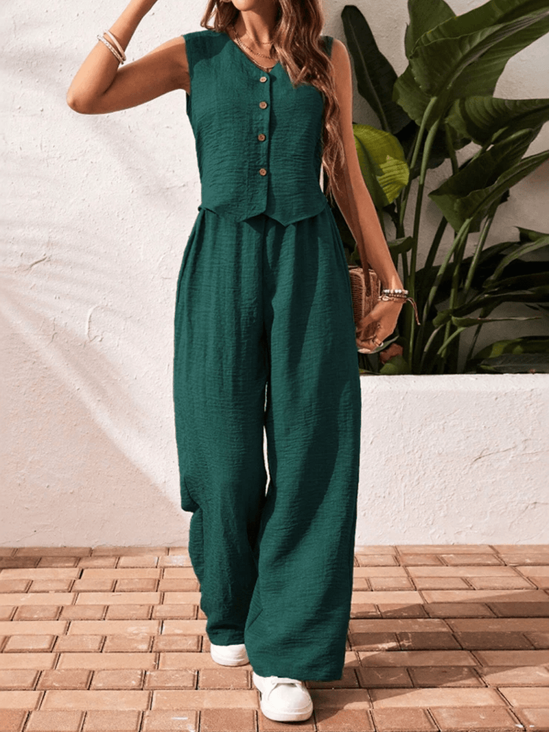 Sleeveless V-Neck Buttoned Two-Piece Set