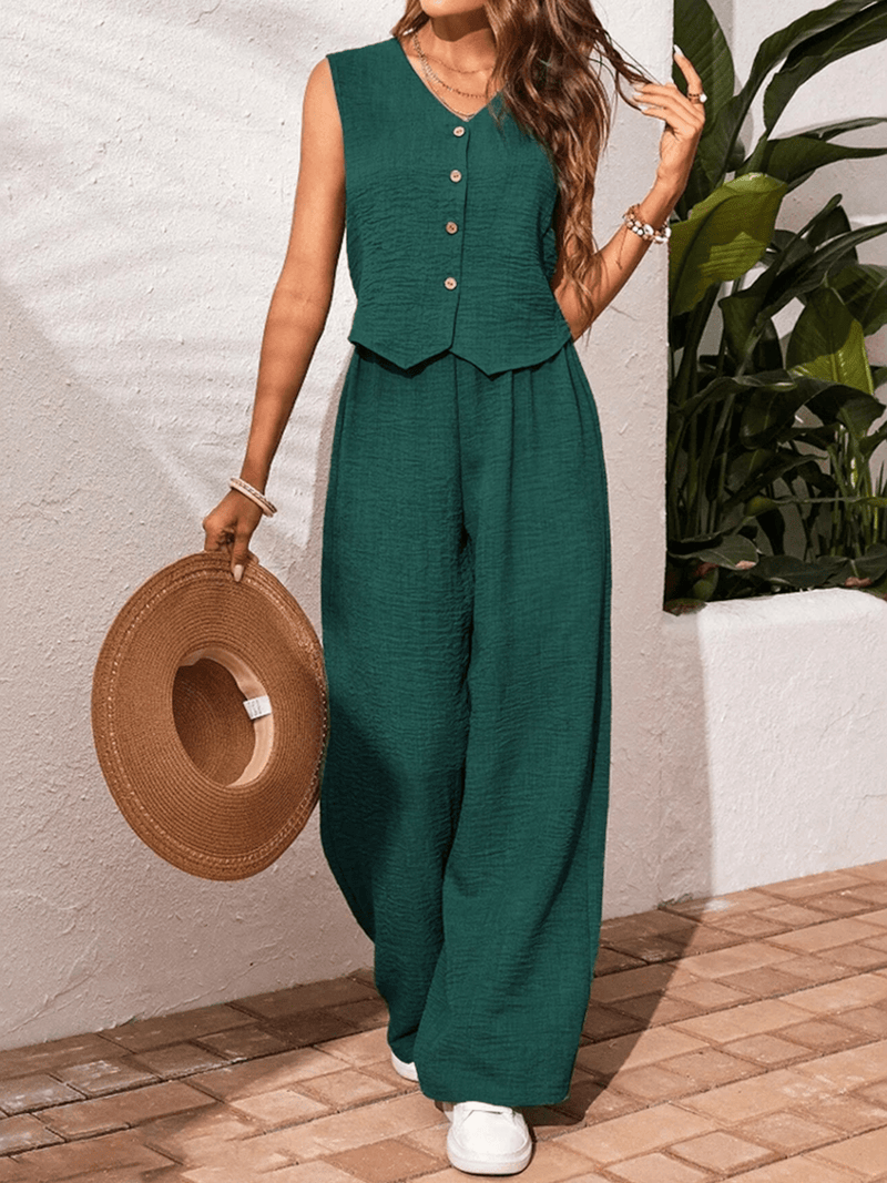Sleeveless V-Neck Buttoned Two-Piece Set