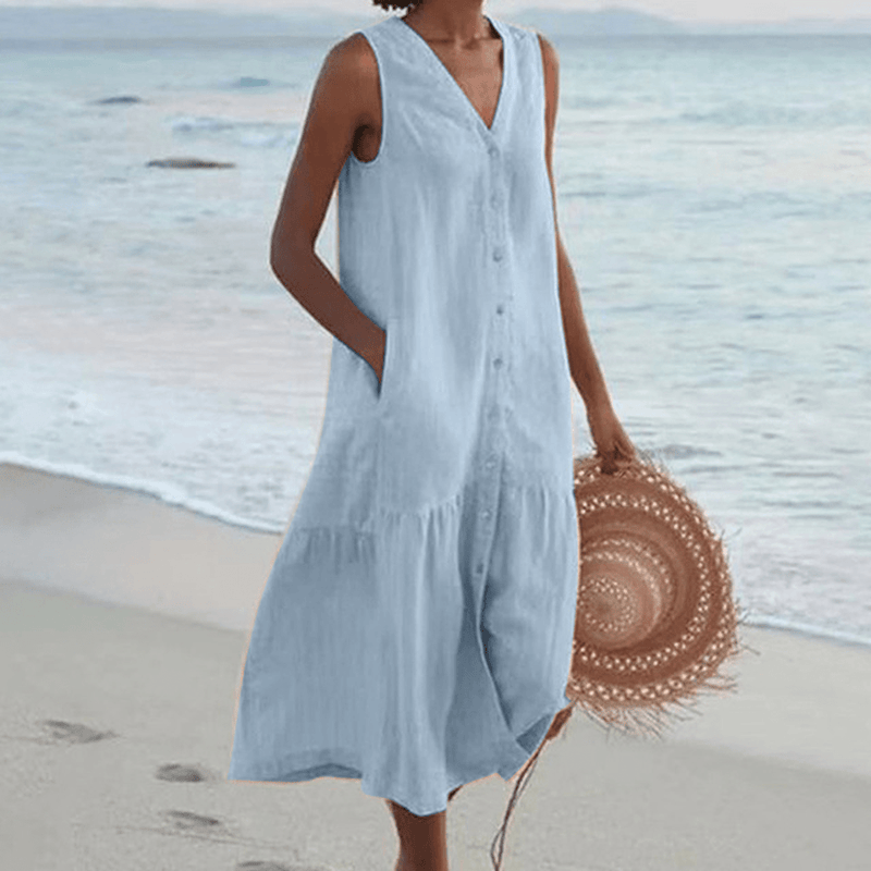 Sleeveless V-Neck Midi Dress With Pockets