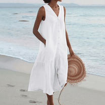 Sleeveless V-Neck Midi Dress With Pockets