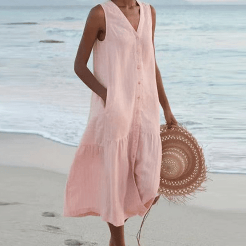 Sleeveless V-Neck Midi Dress With Pockets