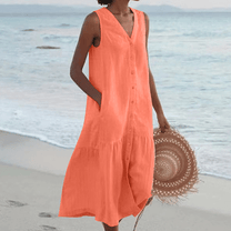 Sleeveless V-Neck Midi Dress With Pockets