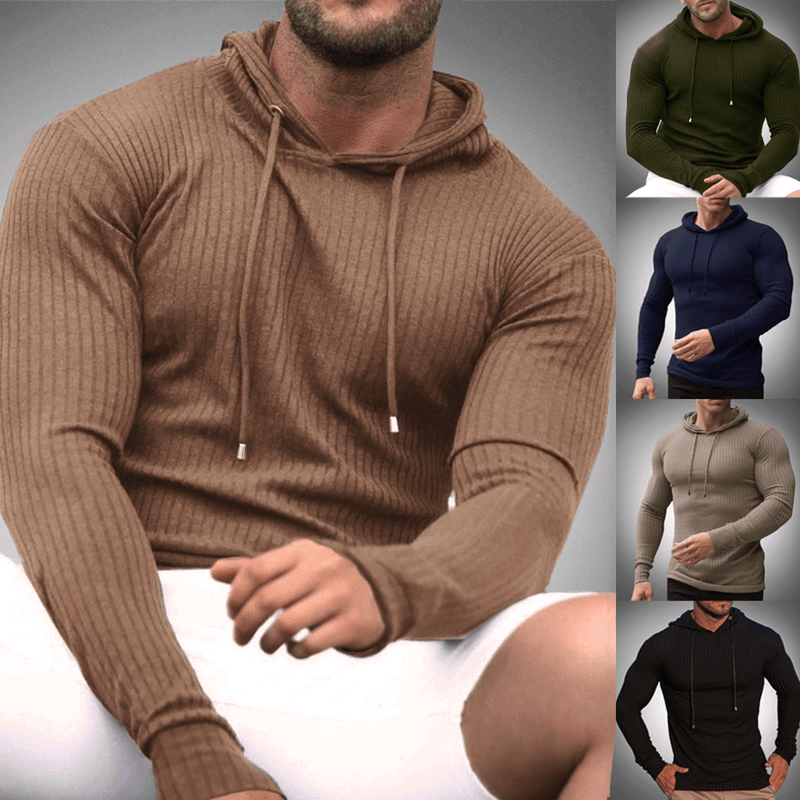 Slim Fit Ribbed Knit Hoodie For Men
