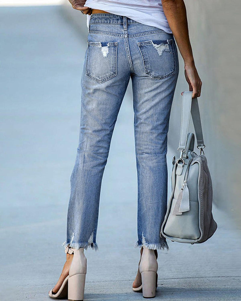 Slim Fit Ripped Jeans For Women - Casual Stretch Denim