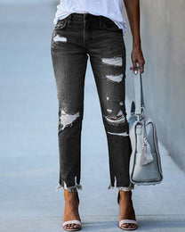 Slim Fit Ripped Jeans For Women - Casual Stretch Denim