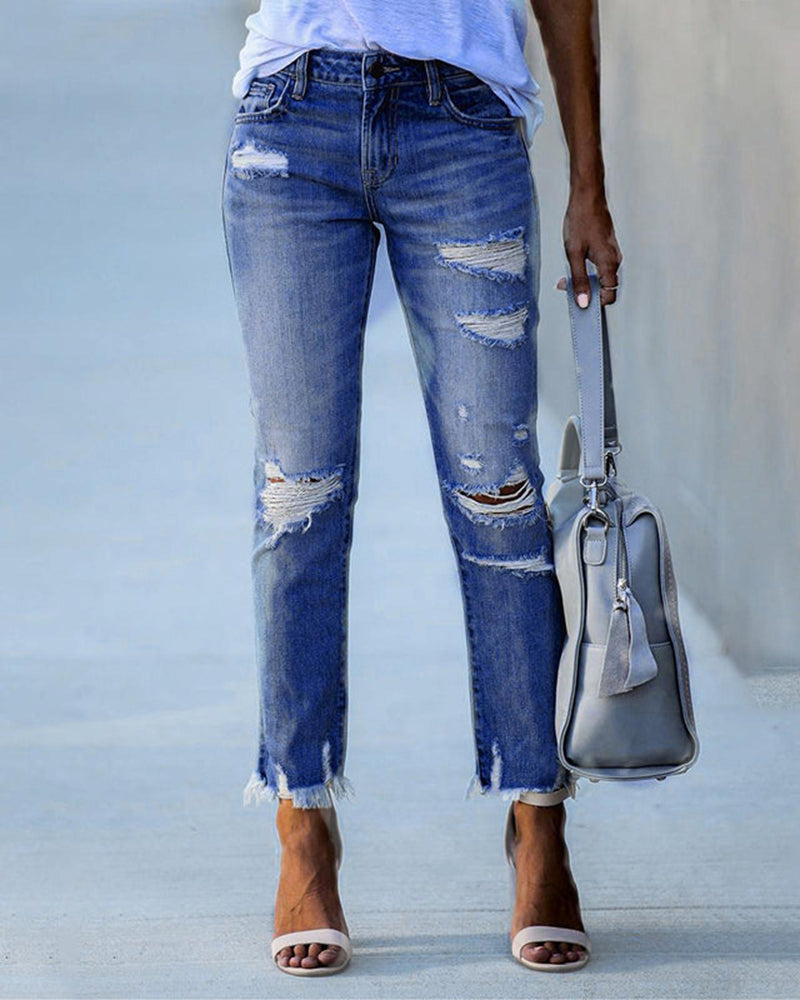 Slim Fit Ripped Jeans For Women - Casual Stretch Denim