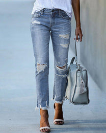 Slim Fit Ripped Jeans For Women - Casual Stretch Denim