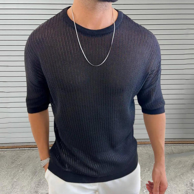 Slim Fit Semi-Sheer Ribbed Knit T-Shirt