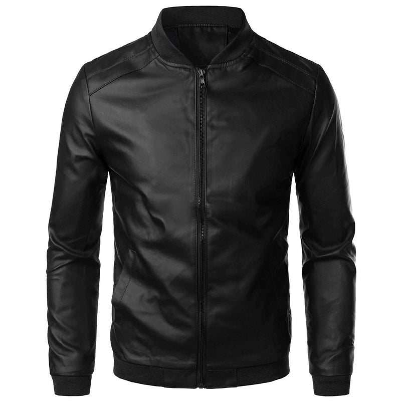 Slim Fit Stand Collar Leather Jacket for Men