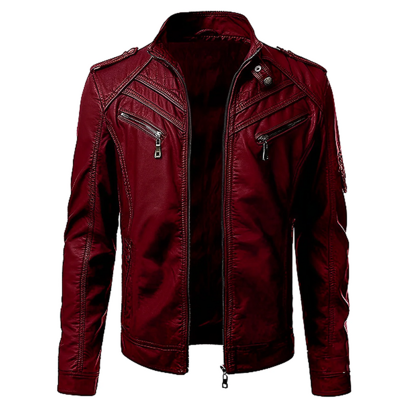 Slim Fit Stand Collar Leather Jacket for Men