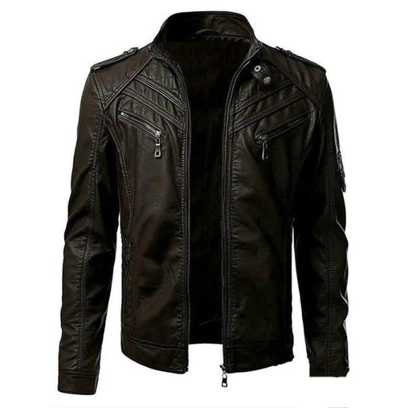 Slim Fit Stand Collar Leather Jacket for Men