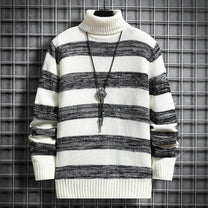Slim Fit Striped Turtleneck Wool Sweater