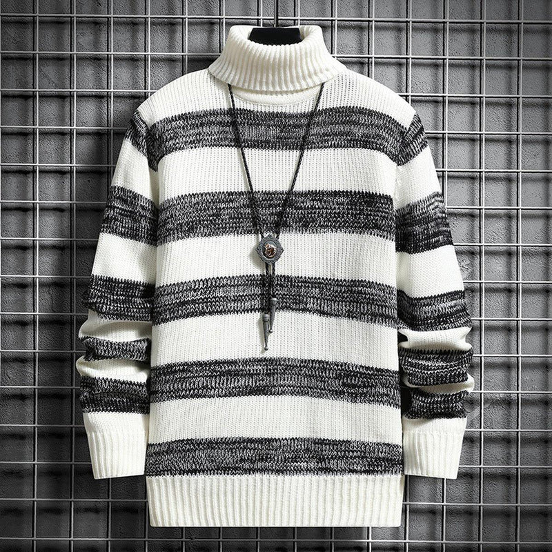 Slim Fit Striped Turtleneck Wool Sweater