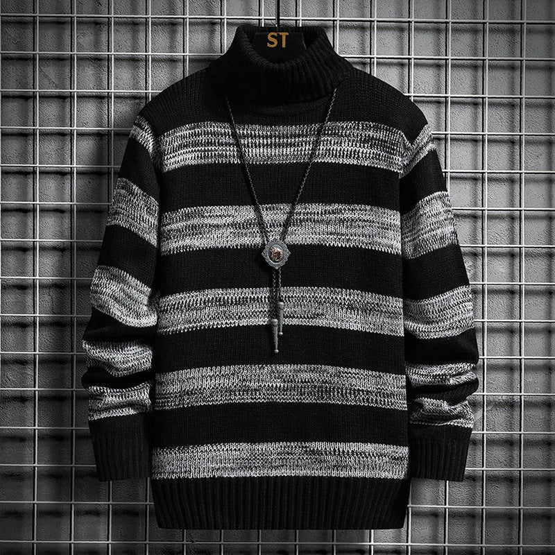 Slim Fit Striped Turtleneck Wool Sweater