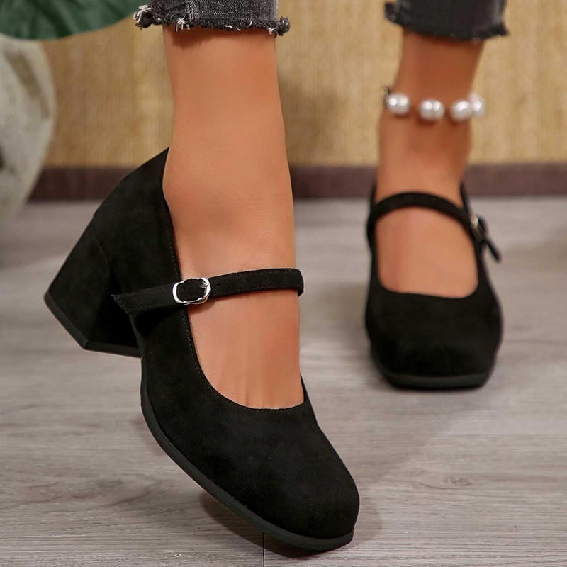 Soft Suede Block Heel Pumps With Adjustable Buckle