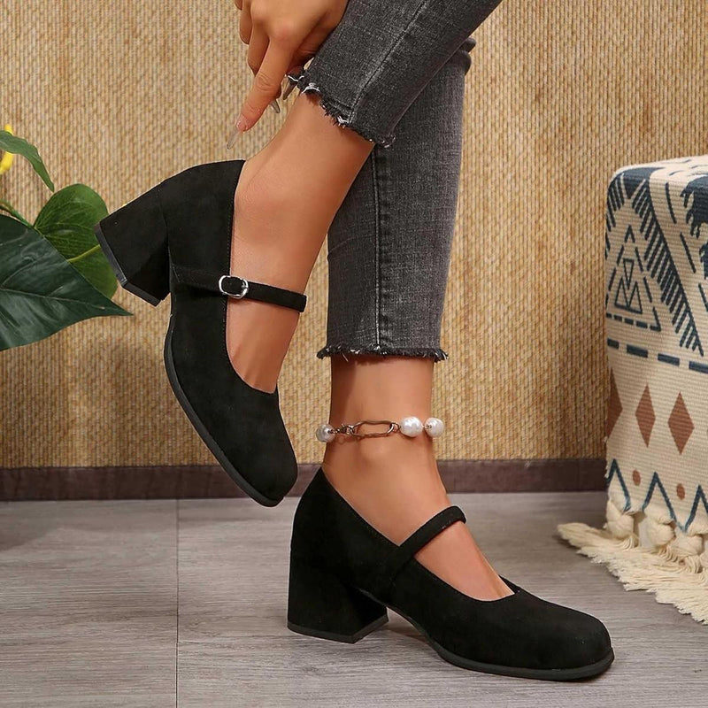 Soft Suede Block Heel Pumps With Adjustable Buckle
